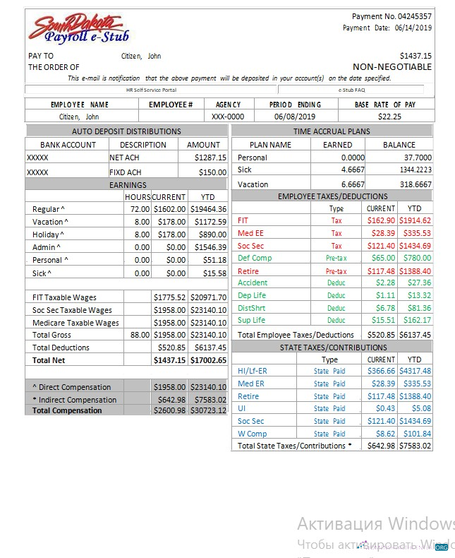 Download USA South Dakota payroll e stub word and pdf Photoshop template
